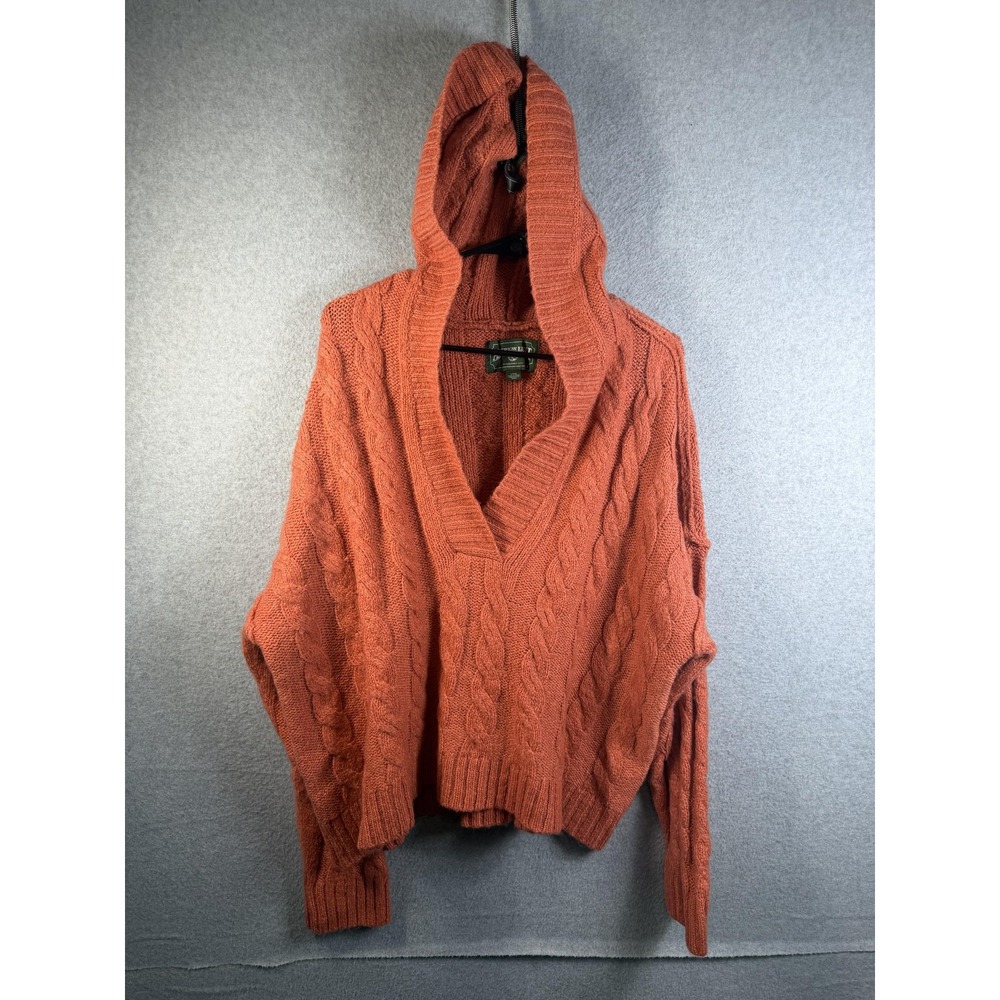 American Eagle Sweater Womens Large Orange Hooded Cable Knit V Neck Pullover